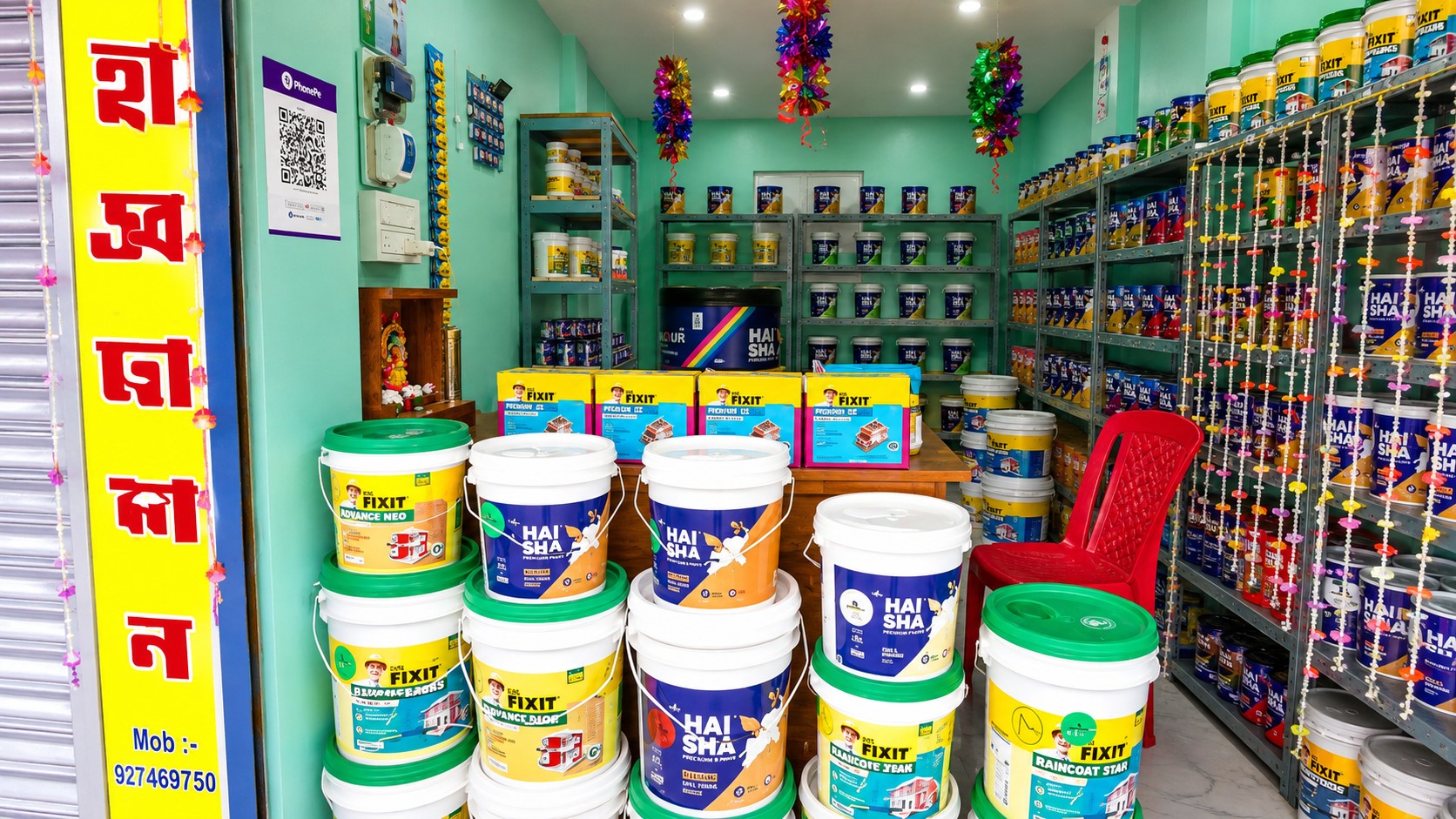 Inside Mondal Associate Paint House — shelves of Haisha Paints and Dr. Fixit buckets beside the counter