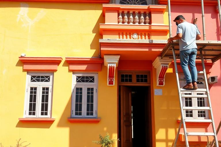 Painter on scaffolding painting a colourful house facade