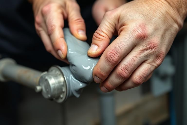 Grey epoxy putty kneaded by hand to seal a leaking metal pipe