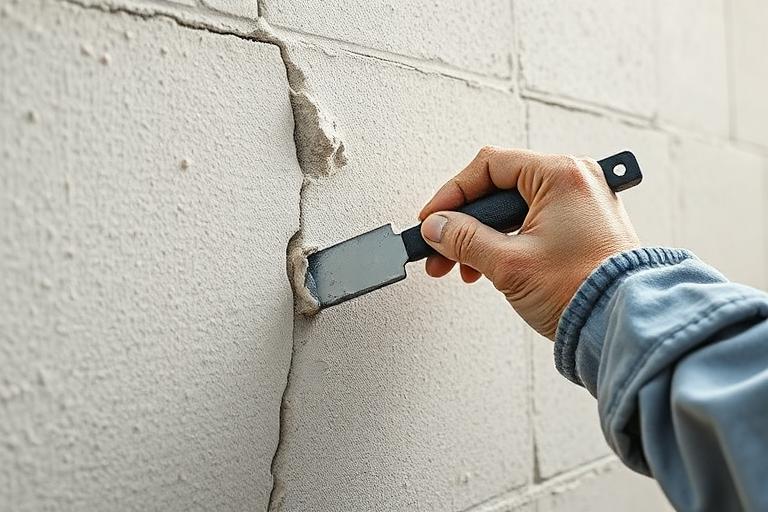 Worker filling a wall crack with repair mortar