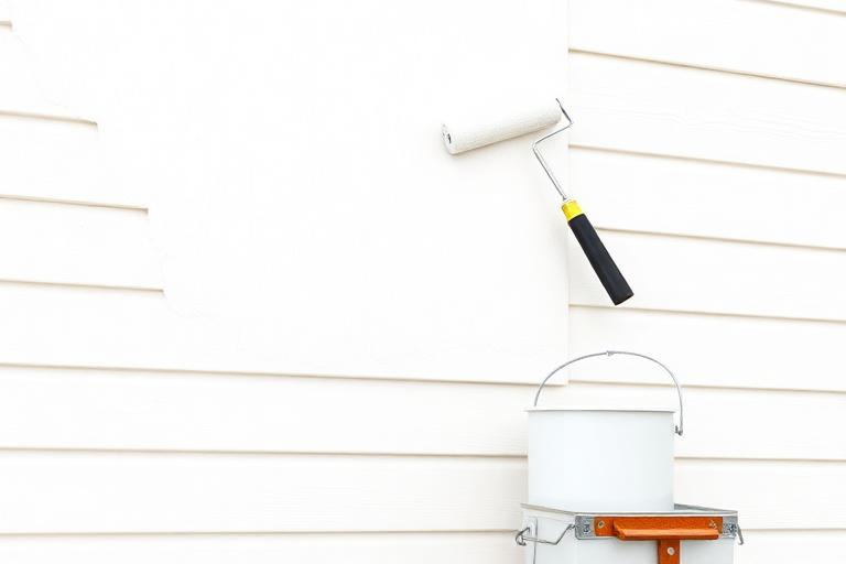 Exterior wall being coated with weatherproof paint using a roller